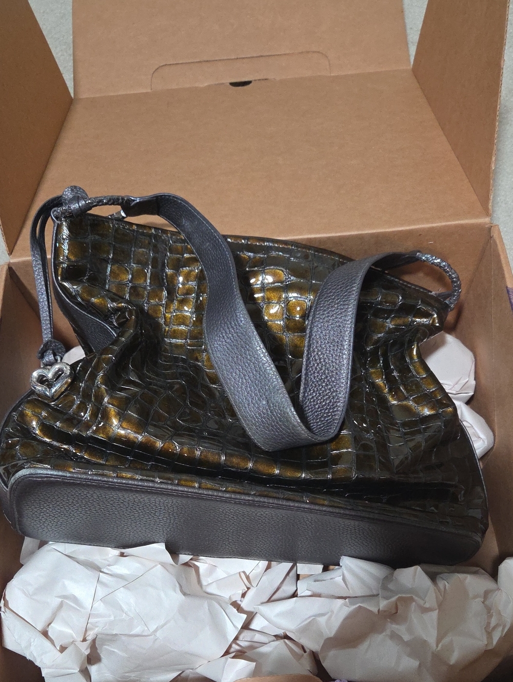 BRIGHTON CHER Metallic Olive Croc-Embossed Large Shoulder Bag LNIB.